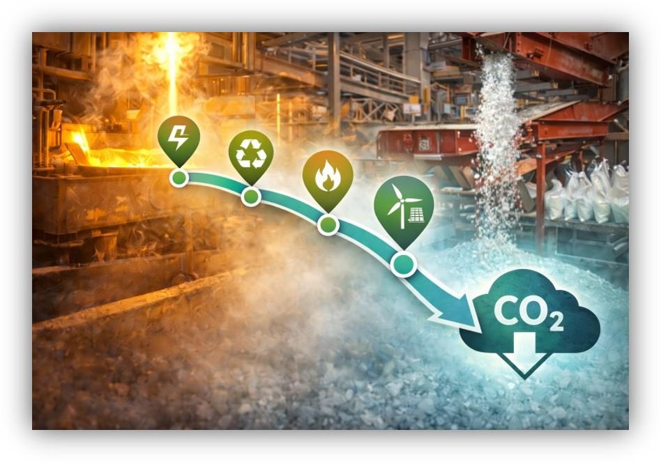 Infografía sobre descarbonización industrial y economía circular, con una planta de producción, materiales reciclados e iconos de energía renovable que muestran la reducción de emisiones de CO₂.