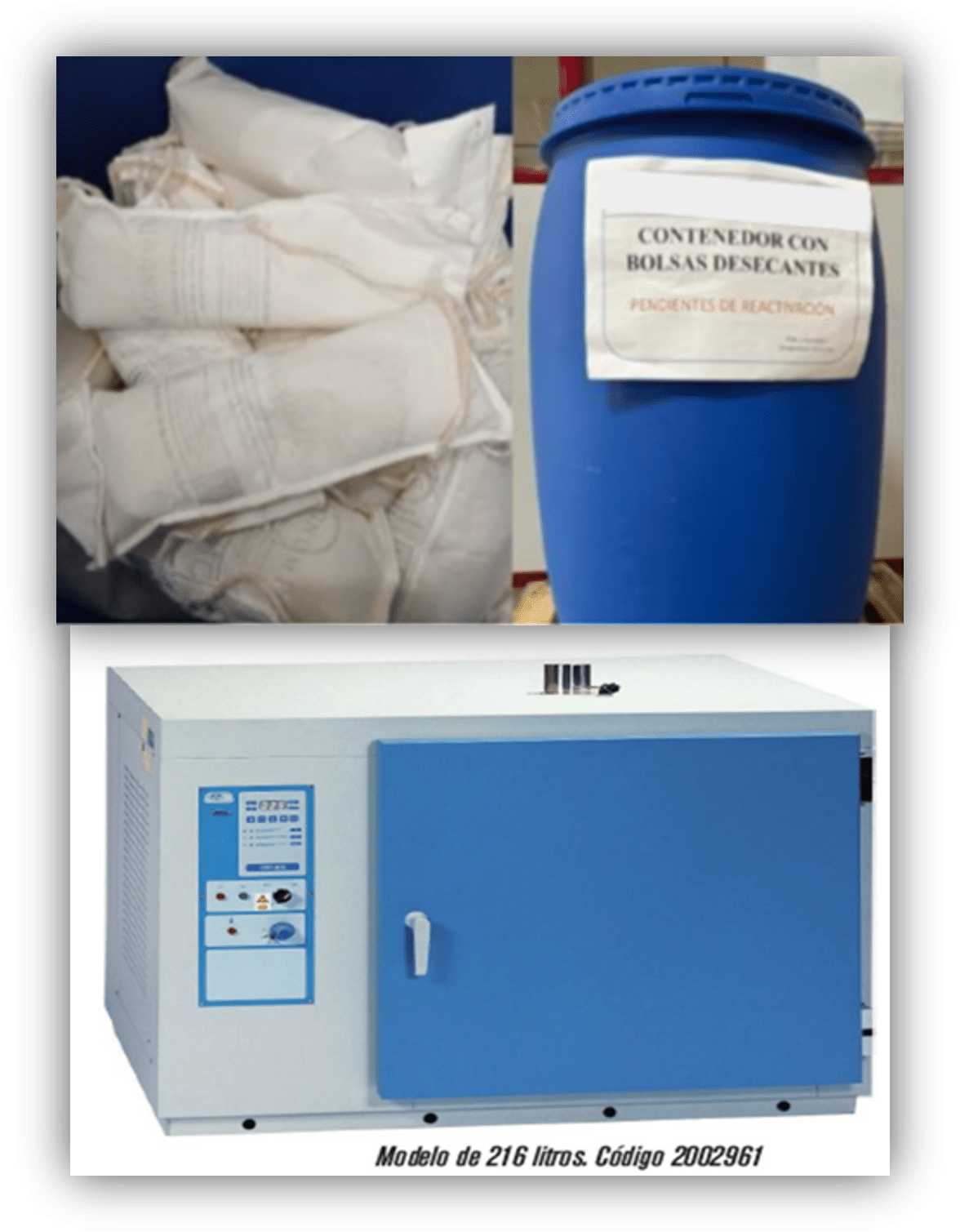 Bolsas desecantes usadas almacenadas en contenedores y equipo industrial para su tratamiento o regeneración.