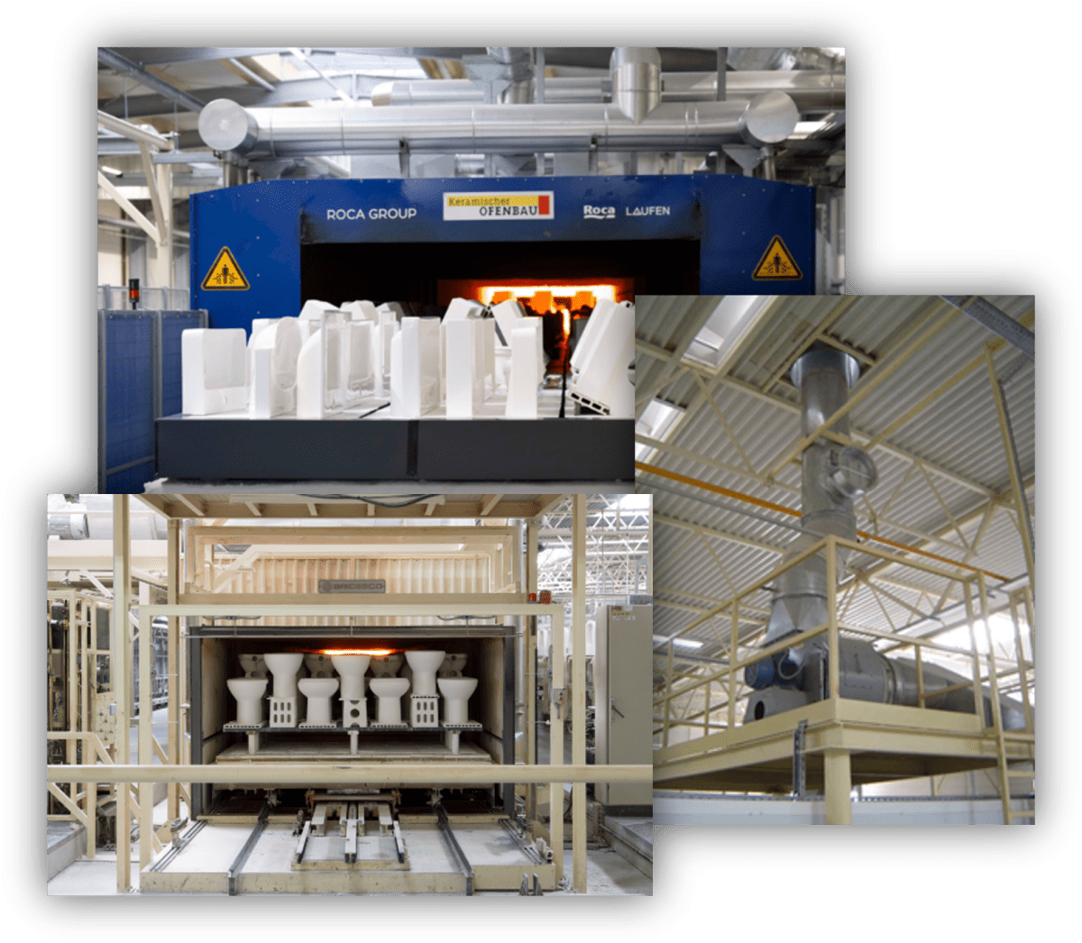 Instalaciones industriales de fabricación de sanitarios cerámicos con hornos, sistemas de recuperación energética y equipos de producción.