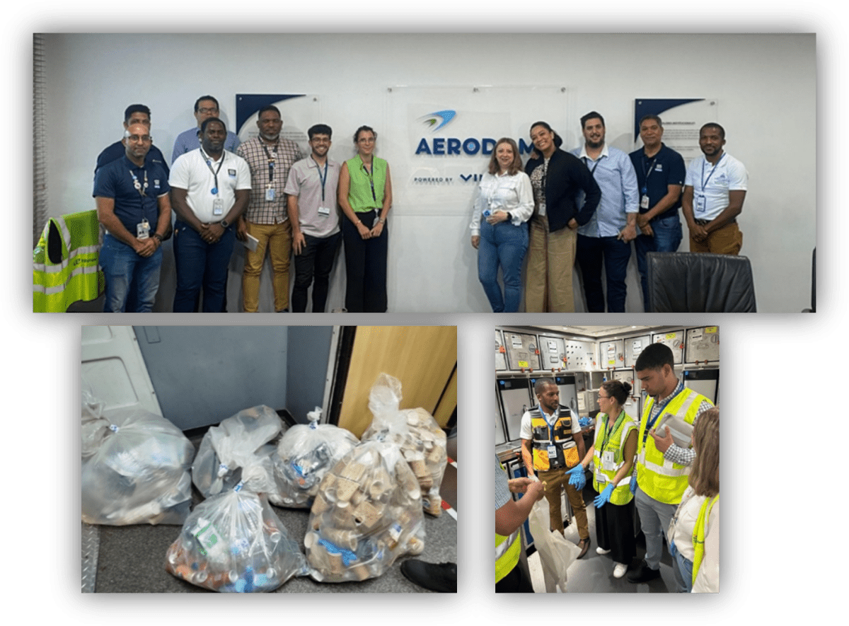 Imágenes de una jornada de sostenibilidad en Aerodom, con personal participante, materiales reciclables recogidos y recorrido por áreas operativas de las instalaciones.