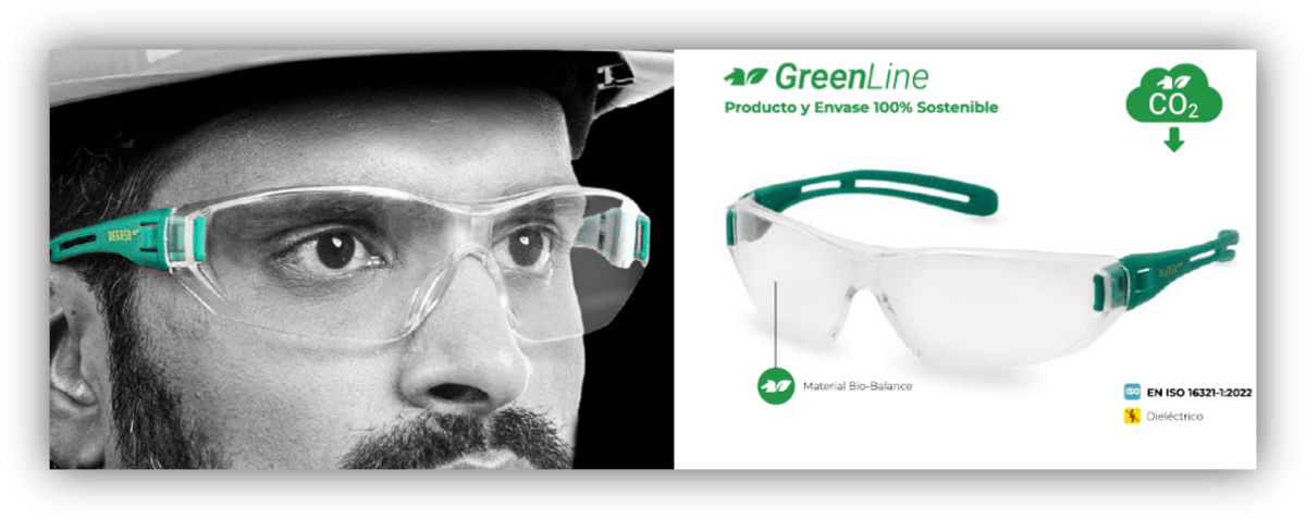 Persona con gafas de protección GreenLine y detalle del modelo fabricado con materiales sostenibles.