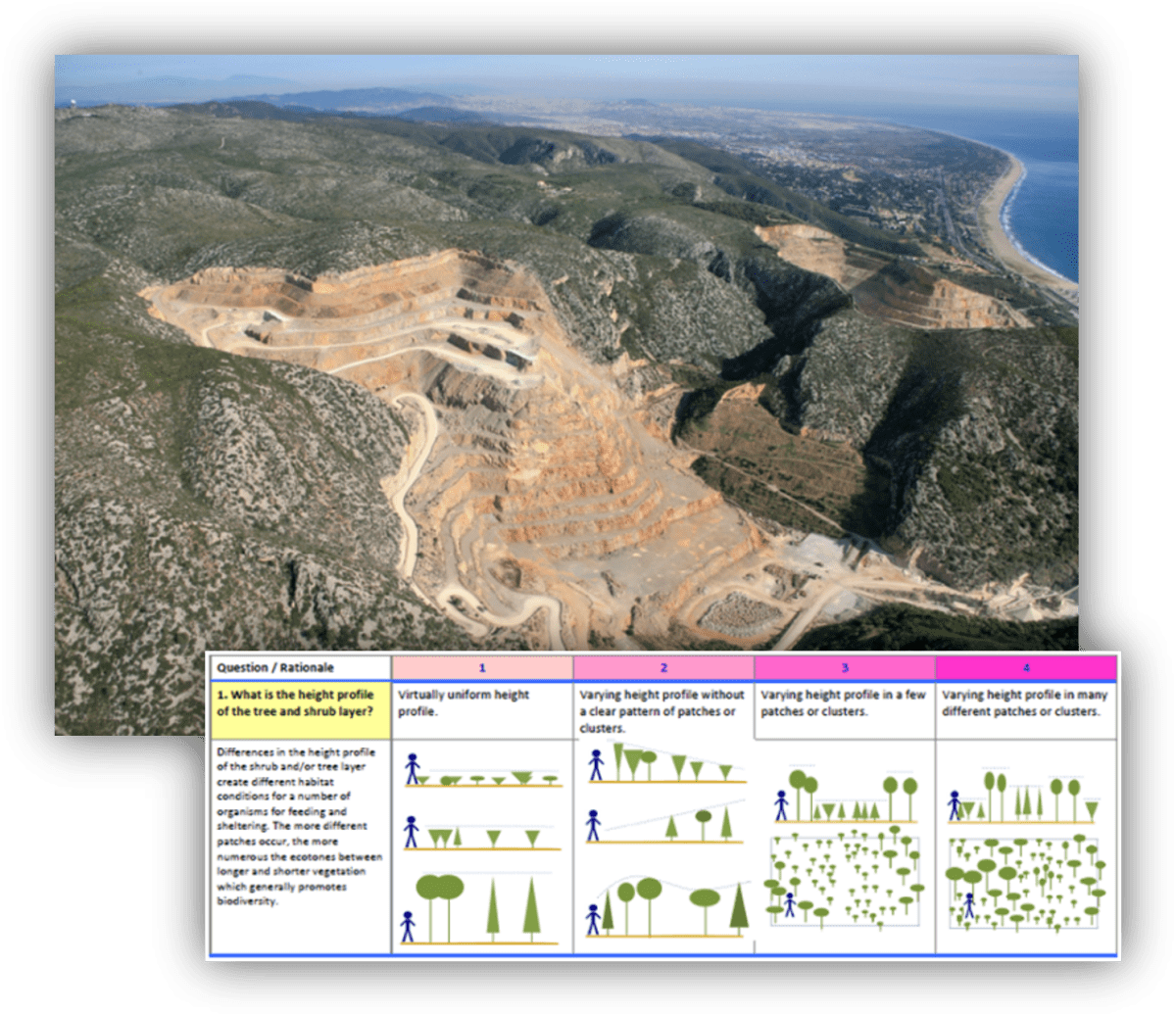 Vista aérea de una cantera rodeada de zonas naturales junto a un gráfico sobre evaluación de biodiversidad y vegetación.