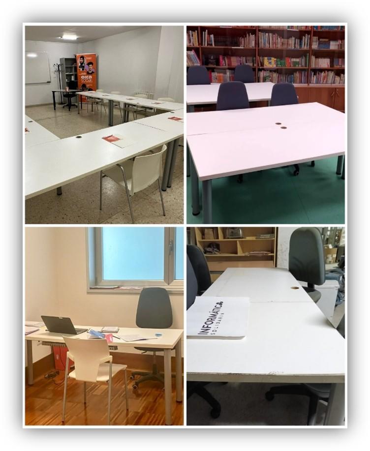 Composición de cuatro imágenes con mesas y sillas reutilizadas en aulas, biblioteca y espacios de oficina.