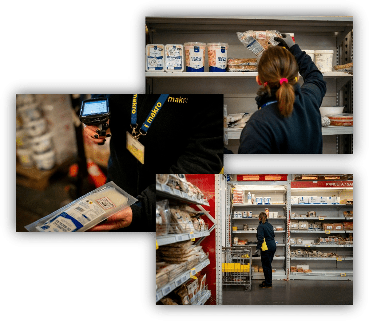 Composición de imágenes de una trabajadora gestionando productos alimentarios en estanterías mediante herramientas digitales en un establecimiento de distribución mayorista.
