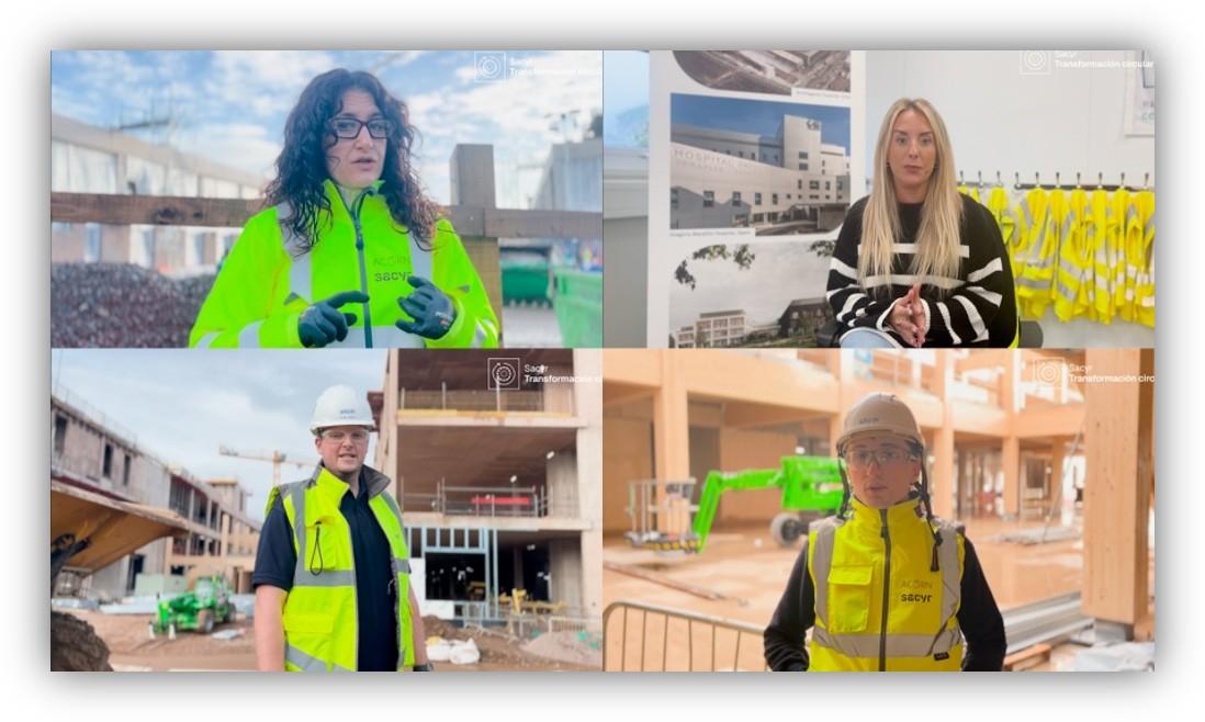 Composición de cuatro imágenes con profesionales de Sacyr en obras y oficinas, equipados con chalecos y cascos de seguridad, explicando iniciativas de construcción sostenible y economía circular.