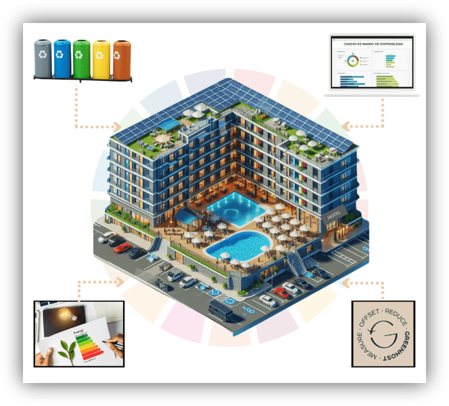Ilustración de un hotel con paneles solares, piscina y zonas verdes, acompañada de iconos sobre reciclaje, eficiencia energética y seguimiento de indicadores de sostenibilidad.