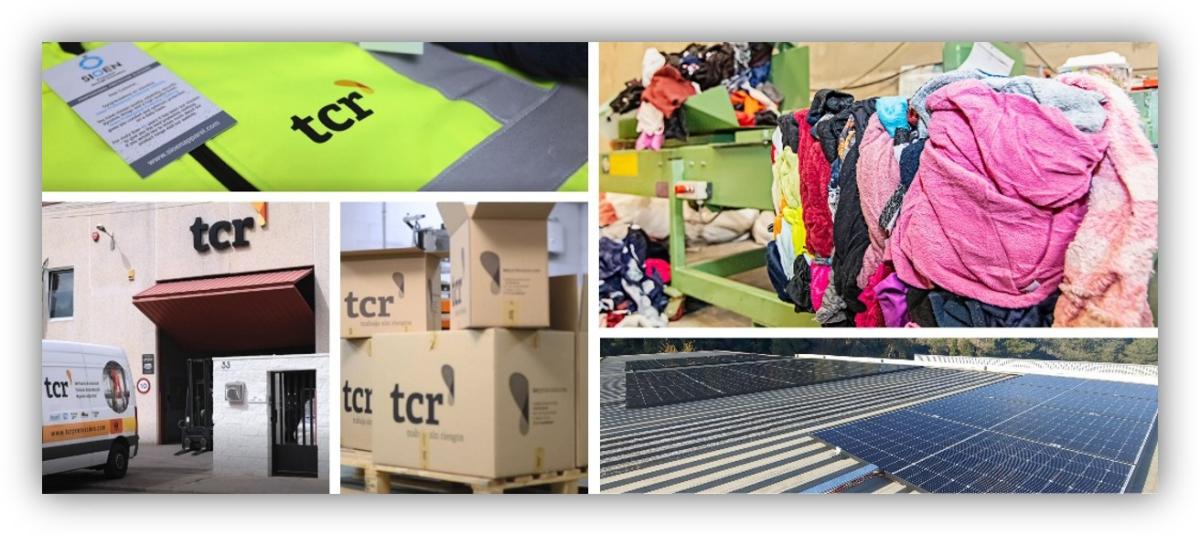 Composición de imágenes de TCR Protección con prendas de alta visibilidad, instalaciones logísticas, cajas de embalaje, textiles para reciclaje y paneles solares en una cubierta industrial.