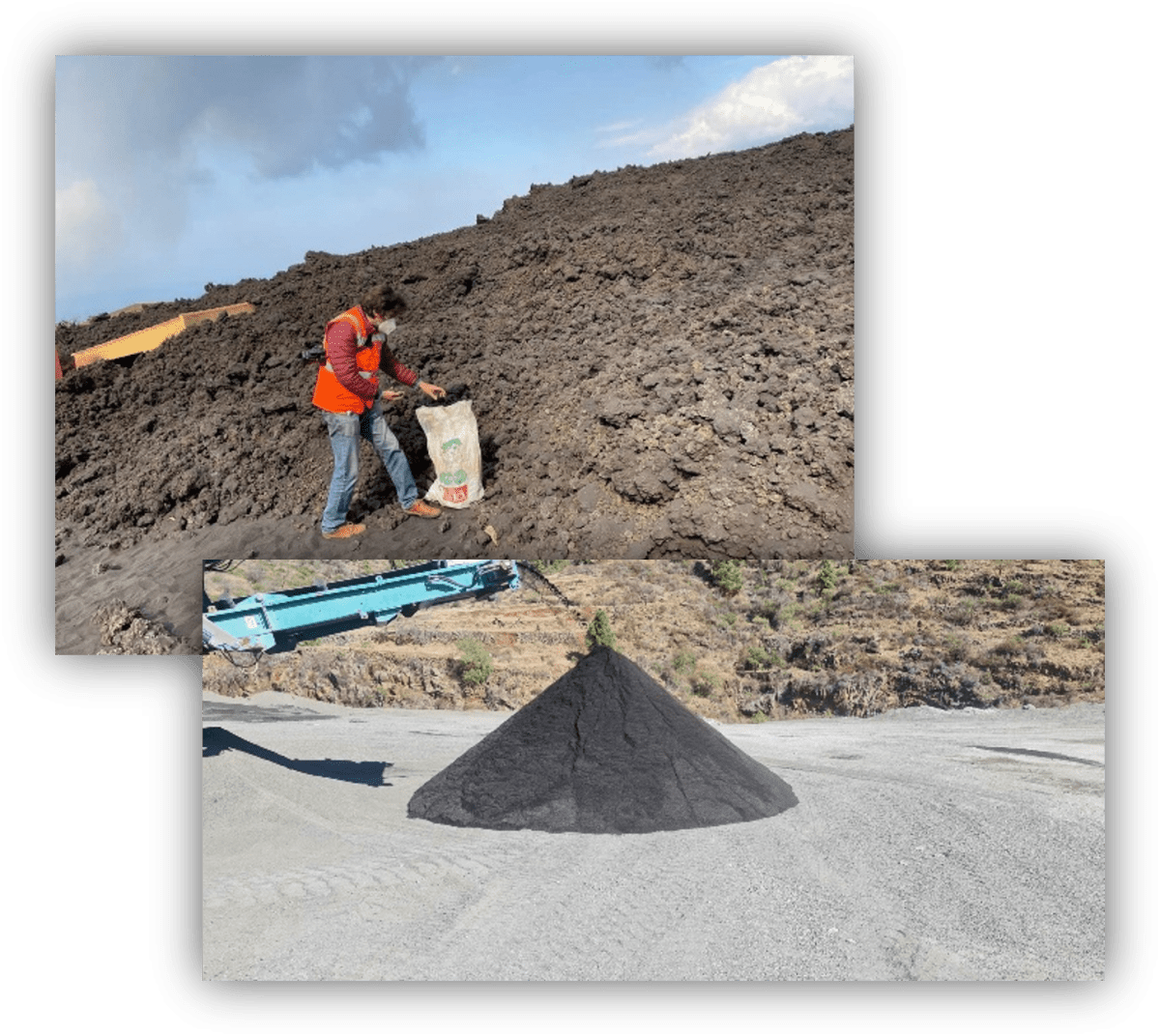 Composición de imágenes con una persona recogiendo muestras en una zona cubierta por material volcánico y una pila de áridos oscuros procesados en una instalación industrial.