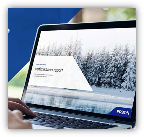 Ordenador portátil mostrando un informe de optimización con una imagen de un paisaje nevado y la marca Epson en la pantalla.