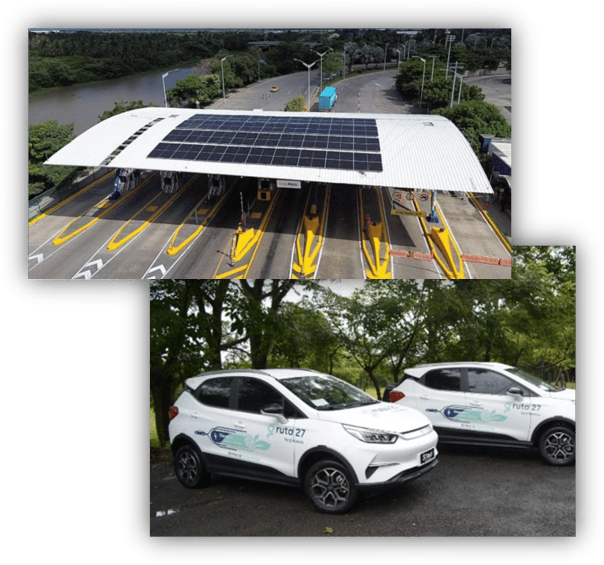 Composición de imágenes con una estación de peaje equipada con paneles solares en la cubierta y dos vehículos eléctricos corporativos estacionados en una zona arbolada.