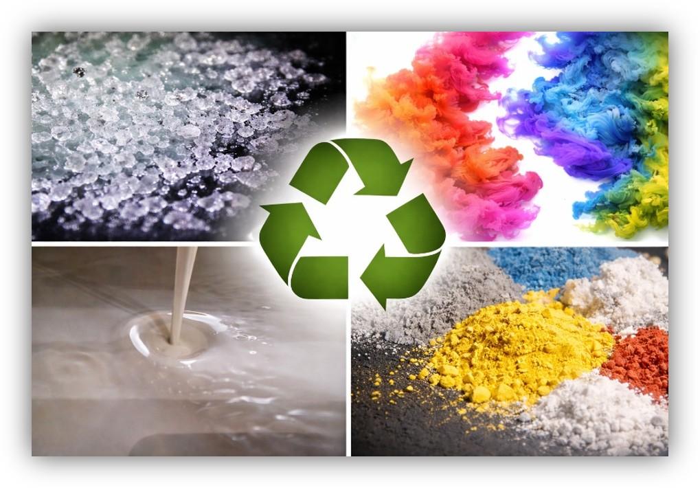 Composición de imágenes con materiales granulados, pigmentos de colores, líquidos industriales y el símbolo de reciclaje en el centro, representando la reutilización de recursos en procesos industriales.