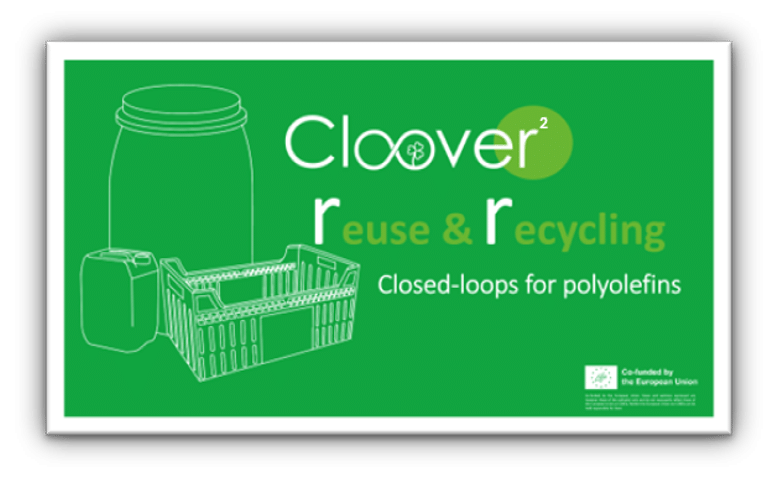 Cartel informativo del proyecto Cloover² sobre reutilización y reciclaje de poliolefinas, con ilustraciones de envases y una caja de plástico reciclable.