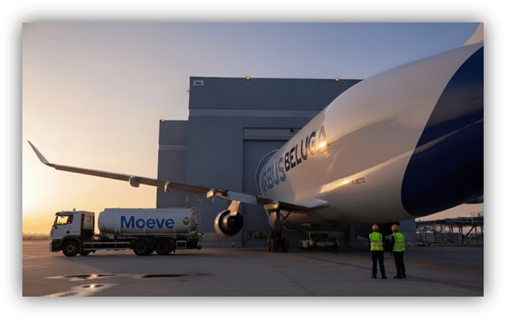 Avión Airbus Beluga estacionado junto a un camión cisterna de Moeve en una plataforma aeroportuaria, con personal y un hangar al fondo durante el atardecer.