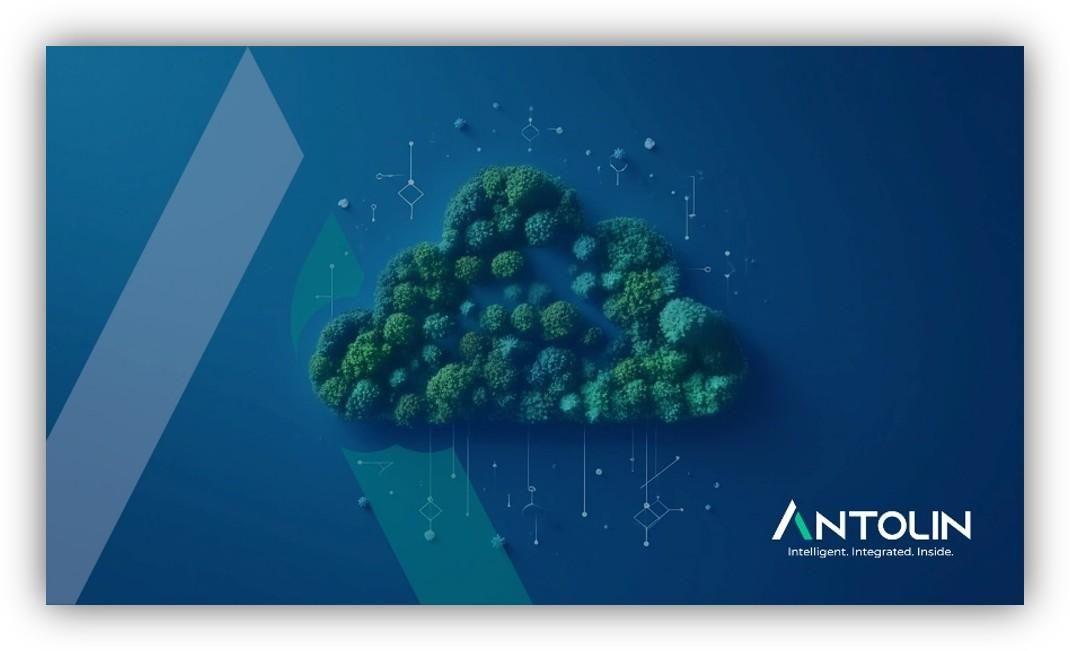 Ilustración de una nube formada por elementos vegetales sobre fondo azul, acompañada del logotipo de Antolin y gráficos tecnológicos relacionados con la sostenibilidad.