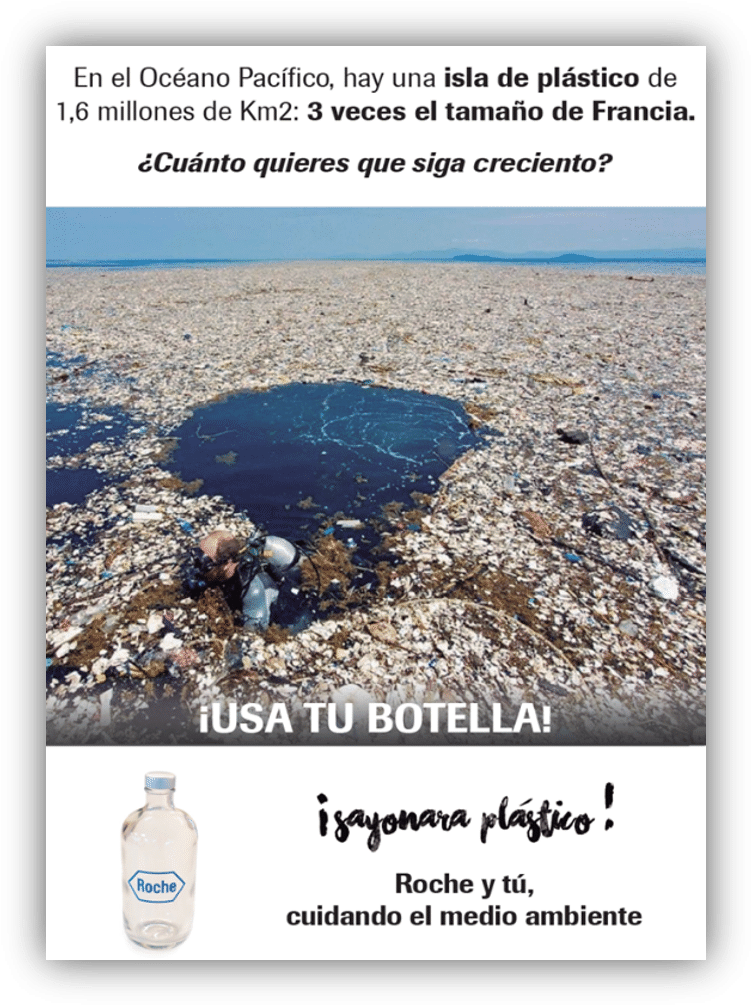 Cartel de concienciación sobre la contaminación por plásticos en el océano, con una imagen de residuos flotantes y una botella reutilizable de Roche como alternativa sostenible.