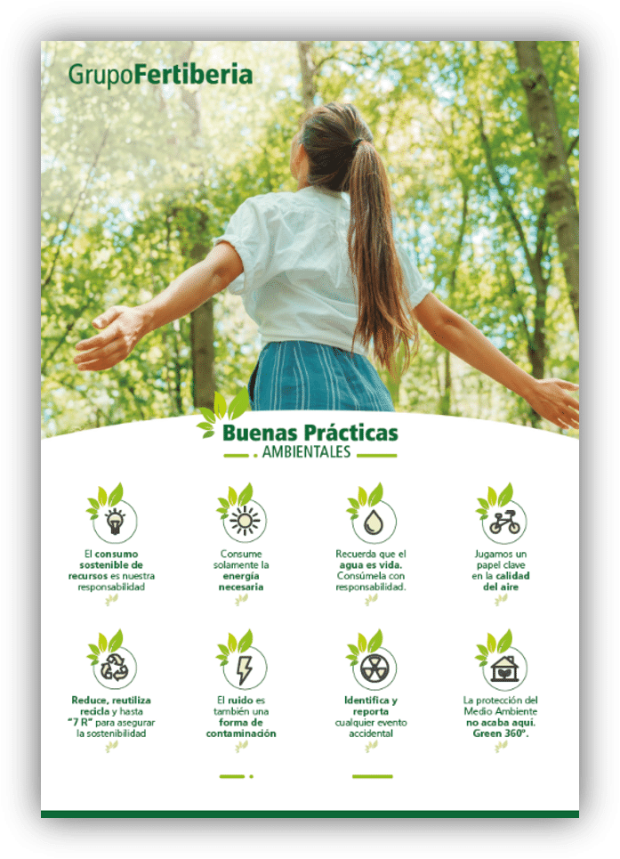 Cartel informativo de Fertiberia sobre buenas prácticas ambientales, con una persona en un entorno natural e iconos relacionados con el ahorro de recursos, la energía, el agua, el reciclaje y la protección del medio ambiente.