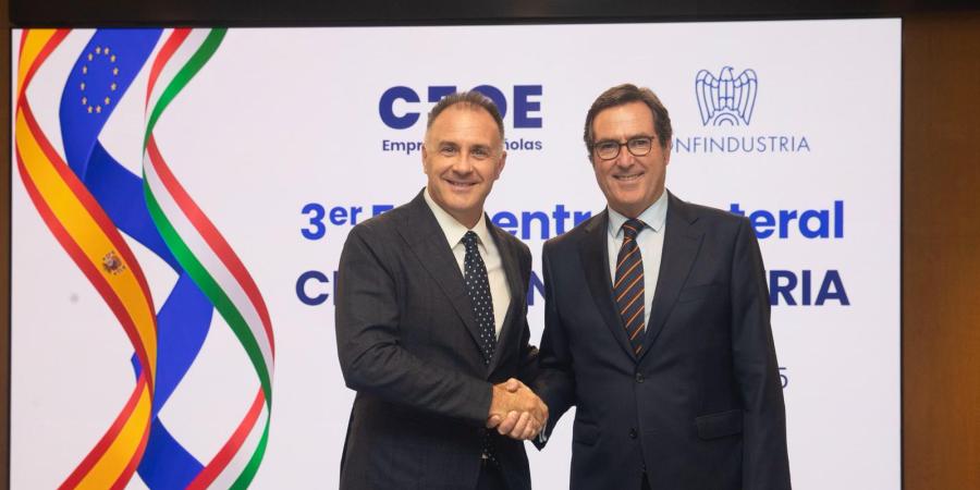Saludo Antonio Garamendi y  Emanuele Orsini en la bilateral de CEOE y Confindustria