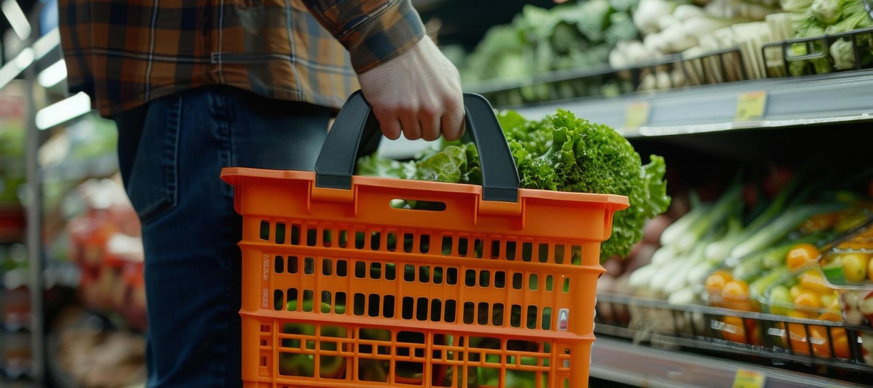Hombre con cesta comprando en sección de fruta y verdura en un supermercado