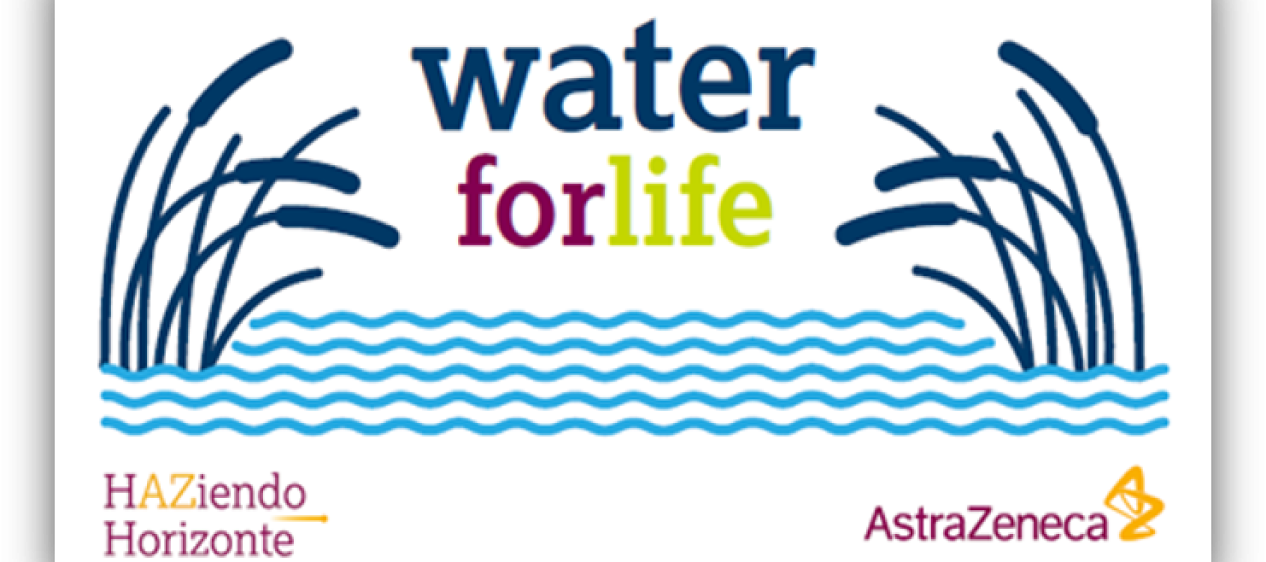 Logotipo con el lema ‘water for life’ sobre ondas de agua, acompañado de referencias a HAZiendo Horizonte y AstraZeneca.