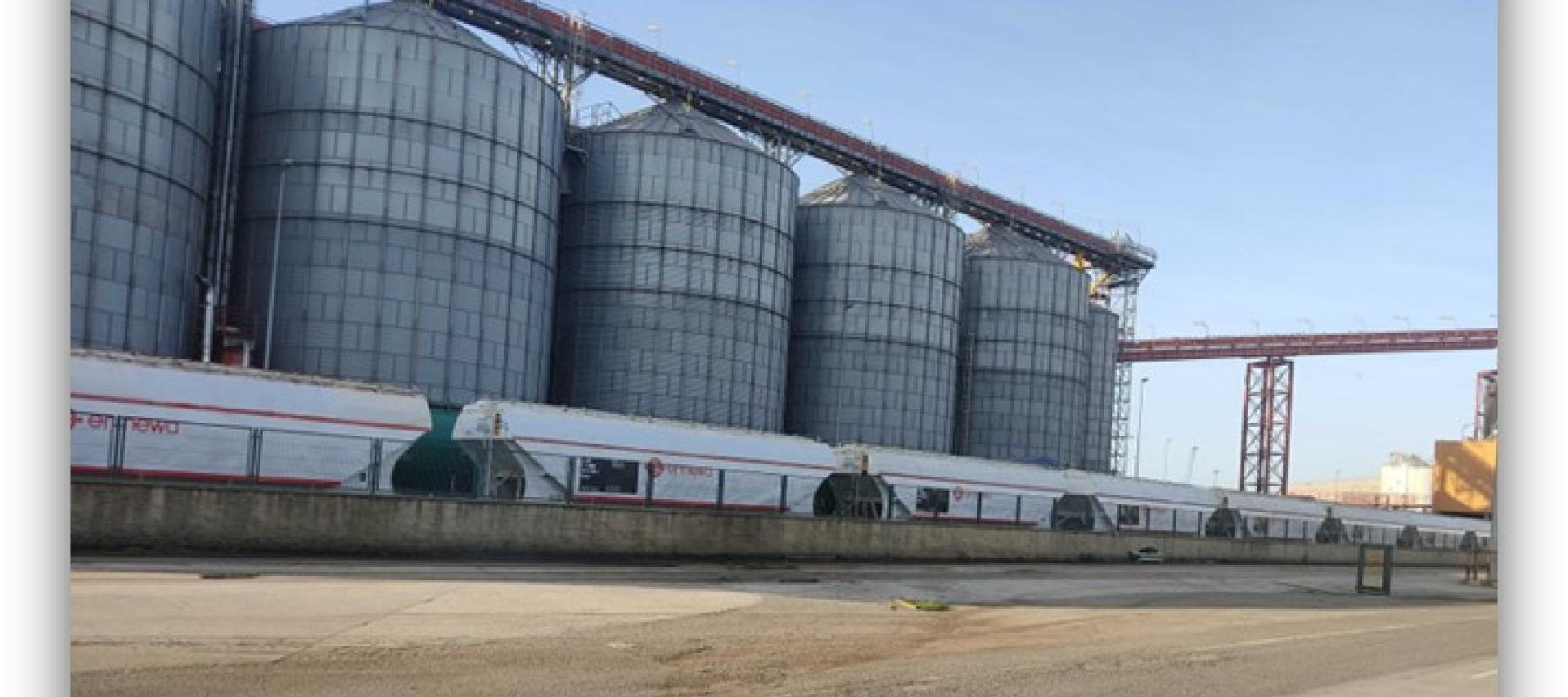 Grandes silos industriales metálicos alineados con una cinta transportadora en una planta exterior.