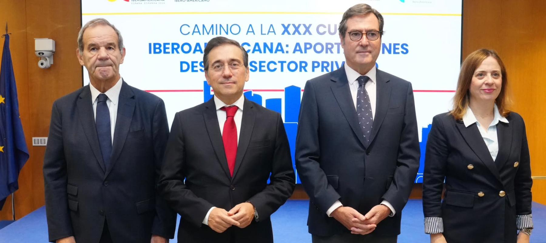 Andrés Allamand, José Manuel Albares, Antonio Garamendi y Amparo López durante la presentación del XVI Encuentro Empresarial Iberoamericano