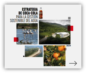 Imagen con el título ‘Estrategia de Coca‑Cola para la gestión sostenible del agua’, acompañado de una botella ilustrada. Debajo se muestran cuatro fotografías: un grupo de flamencos en el agua, una planta industrial rodeada de montañas, una vista aérea de una franja costera y un primer plano de naranjas en un árbol.
