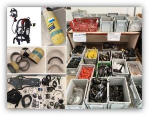 Conjunto de equipos y componentes técnicos organizados en cajas, con piezas, herramientas y materiales industriales.