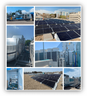 Conjunto de imágenes de instalaciones energéticas con paneles solares en cubiertas, equipos técnicos, sistemas eléctricos y climatización en entornos industriales.