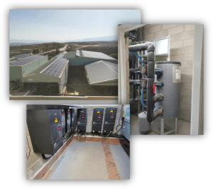 Conjunto de imágenes de instalaciones industriales con paneles solares en cubiertas, sistemas eléctricos y equipos de tratamiento con tuberías