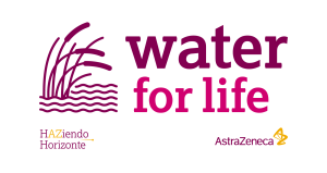 Logotipo con el lema ‘water for life’ y elementos gráficos de agua, junto a las marcas HAZiendo Horizonte y AstraZeneca.