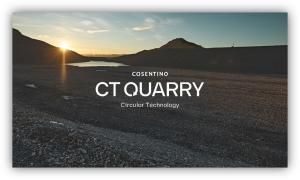 Paisaje de cantera al atardecer con el texto ‘CT Quarry Circular Technology’ de Cosentino sobreimpreso en la imagen