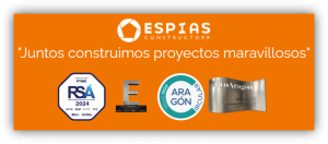 Banner corporativo de Espías Constructora con el lema ‘Juntos construimos proyectos maravillosos’ y varios sellos y reconocimientos empresariales.