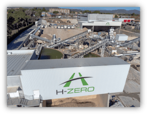 Vista aérea de una planta industrial de reciclaje y tratamiento de materiales, con cintas transportadoras, maquinaria y edificios identificados con la marca H‑ZERO.