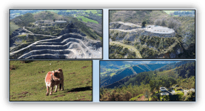 Composición de imágenes de una explotación minera restaurada, con bancales en una ladera, zonas revegetadas, una vaca pastando y un paisaje montañoso con vegetación.
