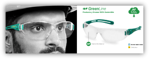 Persona con gafas de protección GreenLine y detalle del modelo fabricado con materiales sostenibles.