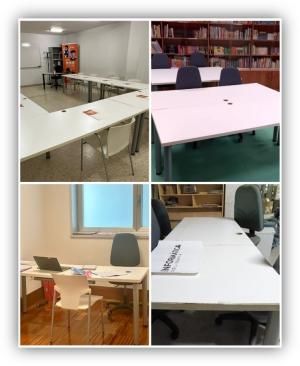 Composición de cuatro imágenes con mesas y sillas reutilizadas en aulas, biblioteca y espacios de oficina.