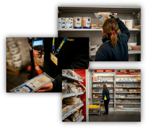 Composición de imágenes de una trabajadora gestionando productos alimentarios en estanterías mediante herramientas digitales en un establecimiento de distribución mayorista.