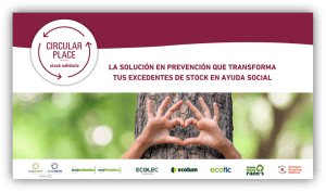 Cartel informativo del proyecto Circular Place con un árbol, unas manos formando un corazón y mensajes sobre aprovechamiento de excedentes de stock para ayuda social.