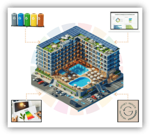 Ilustración de un hotel con paneles solares, piscina y zonas verdes, acompañada de iconos sobre reciclaje, eficiencia energética y seguimiento de indicadores de sostenibilidad.