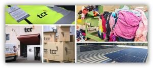 Composición de imágenes de TCR Protección con prendas de alta visibilidad, instalaciones logísticas, cajas de embalaje, textiles para reciclaje y paneles solares en una cubierta industrial.