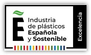 Sello de excelencia de la Industria de Plásticos Española y Sostenible con elementos gráficos relacionados con la sostenibilidad.
