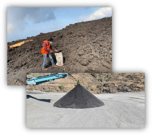 Composición de imágenes con una persona recogiendo muestras en una zona cubierta por material volcánico y una pila de áridos oscuros procesados en una instalación industrial.