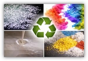 Composición de imágenes con materiales granulados, pigmentos de colores, líquidos industriales y el símbolo de reciclaje en el centro, representando la reutilización de recursos en procesos industriales.
