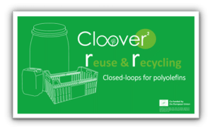 Cartel informativo del proyecto Cloover² sobre reutilización y reciclaje de poliolefinas, con ilustraciones de envases y una caja de plástico reciclable.