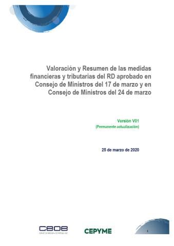 Valoración y resumen de las medidas financieras y tributarias del RD aprobado en Consejo de Ministros del 17 de marzo y en Consejo de Ministros del 24 de marzo