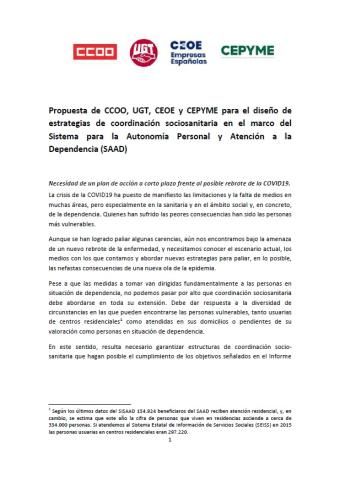 Propuesta de CCOO, UGT, CEOE y CEPYME para el diseño de estrategias de coordinación sociosanitaria en el marco del Sistema para la Autonomía Personal y Atención a la Dependencia (SAAD)