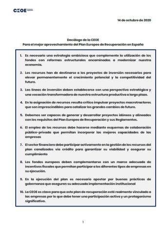 Decálogo de CEOE para el mejor aprovechamiento del Plan Europeo de Recuperación en España