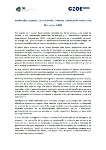 Declaración conjunta CEOE-CIP Cumbre Luso-Española octubre 2020