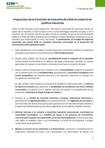 Propuestas de la Comisión de Industria de CEOE en materia de política industrial