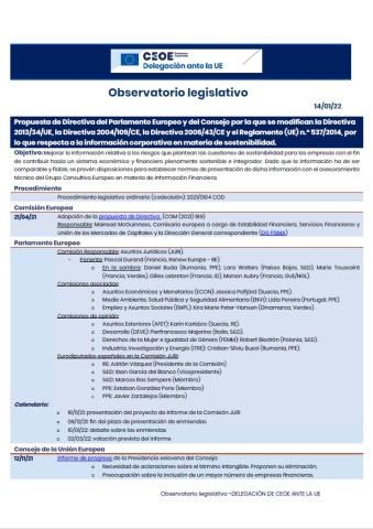 Propuesta de Directiva por la que se modifican las Directivas 2013/34/UE, 2004/109/CE y 2006/43/CE y el Reglamento (UE) n.º 537/2014, respecto a la información corporativa en materia de sostenibilidad